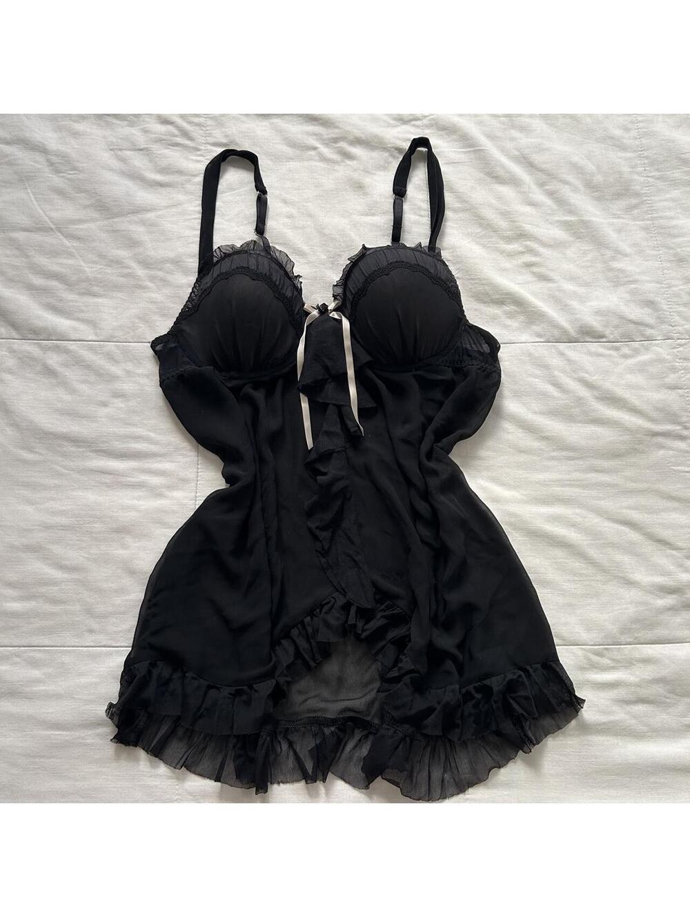 California Dynasty Black Babydoll Chemise Chiffon Ruffle Size XL